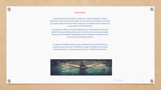 CONCLUSION
La alimentación de los atletas no debe ser un proceso fortuito o casual,
debemos conocer las particularidades de cada uno de los nutrientes esenciales
y su aporte calórico así como saber estructurar un balance en las raciones que
nos garantice el éxito deportivo.
Los nadadores deben consumir alimento que le suministren un volumen
grande de energía dando preferencia a los hidratos de carbonopara lograr
almacenar alto contenido de glucógeno que de modo que se garanticen las
reservas para el trabajomuscular
La ingesta de líquidos durante, antes y después de la actividad física es
necesaria para mantener el volumen de sangre circulante lo cual se ha
comprobadoque es un factor importante en el rendimientodeportivo.
16/03/2019 32
 