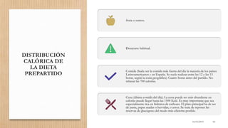 DISTRIBUCIÓN
CALÓRICA DE
LA DIETA
PREPARTIDO
16/03/2019 60
fruta o zumos.
Desayuno habitual.
Comida (Suele ser la comida más fuerte del día la mayoría de los países
Latinoamericanos y en España. Se suele realizar entre las 12 y las 15
horas, según la zona geográfica): Cuatro horas antes del partido. No
rebasar las 700 calorías.
Cena (última comida del día): La cena puede ser más abundante en
calorías puede llegar hasta las 1500 Kcal. Es muy importante que sea
especialmente rica en hidratos de carbono. El plato principal ha de ser
de pasta, papas asadas o hervidas, o arroz. Se trata de reponer las
reservas de glucógeno del modo más eficiente posible.
 