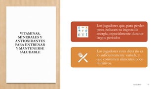 VITAMINAS,
MINERALES Y
ANTIOXIDANTES
PARA ENTRENAR
Y MANTENERSE
SALUDABLE
16/03/2019 73
Los jugadores que, para perder
peso, reducen su ingesta de
energía, especialmente durante
largos periodos
Los jugadores cuya dieta no es
lo suficientemente variada, y
que consumen alimentos poco
nutritivos.
 