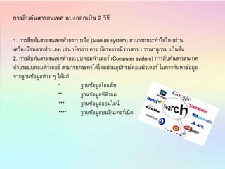 การสืบค้นสารสนเทศ แบ่งออกเป็น 2 วิธี
1. การสืบค้นสารสนเทศด้วยระบบมือ (Manual system) สามารถกระทาได้โดยผ่าน
เครื่องมือหลายประเภท เช่น บัตรรายการ บัตรดรรชนีวารสาร บรรณานุกรม เป็นต้น
2. การสืบค้นสารสนเทศด้วยระบบคอมพิวเตอร์ (Computer system) การสืบค้นสารสนเทศ
ด้วยระบบคอมพิวเตอร์ สามารถกระทาได้โดยผ่านอุปกรณ์คอมพิวเตอร์ ในการค้นหาข้อมูล
จากฐานข้อมูลต่าง ๆ ได้แก่
* ฐานข้อมูลโอแพ็ก
** ฐานข้อมูลซีดีรอม
*** ฐานข้อมูลออนไลน์
**** ฐานข้อมูลบนอินเทอร์เน็ต
 