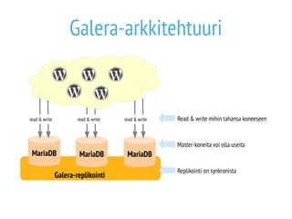 Galera-arkkitehtuuri 
read & write read & write read & write 
MariaDB MariaDB MariaDB 
Read & write mihin tahansa koneeseen 
Master-koneita voi olla useita 
Galera-replikointi Replikointi on synkronista 
 
