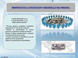 CÓMO BENEFICIA LA
CAPACITACIÓN A LAS
ORGANIZACIONES
Provoca mejores resultados económicos
aumentando el valor de las empresas
Mejora el conocimiento de tareas,
procesos y funciones en todos los niveles
Mejora el clima organizacional y aumenta
la satisfacción de las personas
Ayuda al personal a identificarse con los
objetivos de la organización
Mejora la relación jefes-subordinados
 