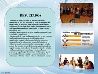 RESULTADOS
Todo plan de modernización de las empresas, debe
sustentarse en una alta inversión en recursos humanos. La
capacitación sirve para el desarrollo de las capacidades y
habilidades del personal. Hoy son los propios colaboradores
quiénes están demandando capacitación en áreas y temas
específicos; han
asimilado la necesidad de mejorar para incrementar el valor
transferido a los clientes.
Un desarrollo de recursos humanos efectivo en una empresa
implica planeamiento, estructuración, educación,
capacitación para así brindar conocimiento, destrezas y
compromiso en los miembros y personal al máximo y
utilizarlos creativamente como herramientas para brindar
poder. Hay muchas formas de impartir capacitación, desde
sugerir lecturas hasta talleres vivénciales, todos los métodos
son buenos, hasta cierto punto, pero los más eficaces
parecen ser aquellos que dramatizan modelos para que la
persona identifique y practique los comportamientos de
quienes son eficientes y tienen éxito en determinado trabajo.
 