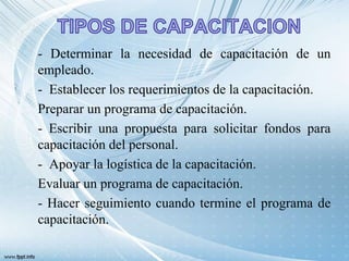- Determinar la necesidad de capacitación de un
empleado.
- Establecer los requerimientos de la capacitación.
Preparar un programa de capacitación.
- Escribir una propuesta para solicitar fondos para
capacitación del personal.
- Apoyar la logística de la capacitación.
Evaluar un programa de capacitación.
- Hacer seguimiento cuando termine el programa de
capacitación.
 