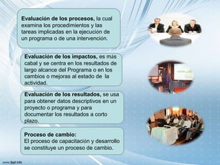 Evaluación de los procesos, la cual
examina los procedimientos y las
tareas implicadas en la ejecución de
un programa o de una intervención.
Evaluación de los impactos, es más
cabal y se centra en los resultados de
largo alcance del Programa o en los
cambios o mejoras al estado de la
actividad.
Evaluación de los resultados, se usa
para obtener datos descriptivos en un
proyecto o programa y para
documentar los resultados a corto
plazo.
Proceso de cambio:
El proceso de capacitación y desarrollo
se constituye un proceso de cambio.
 