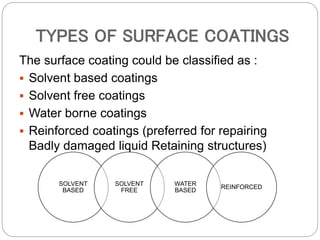 TYPES OF SURFACE COATINGS
The surface coating could be classified as :
 Solvent based coatings
 Solvent free coatings
 Water borne coatings
 Reinforced coatings (preferred for repairing
Badly damaged liquid Retaining structures)
SOLVENT
BASED
SOLVENT
FREE
WATER
BASED
REINFORCED
 
