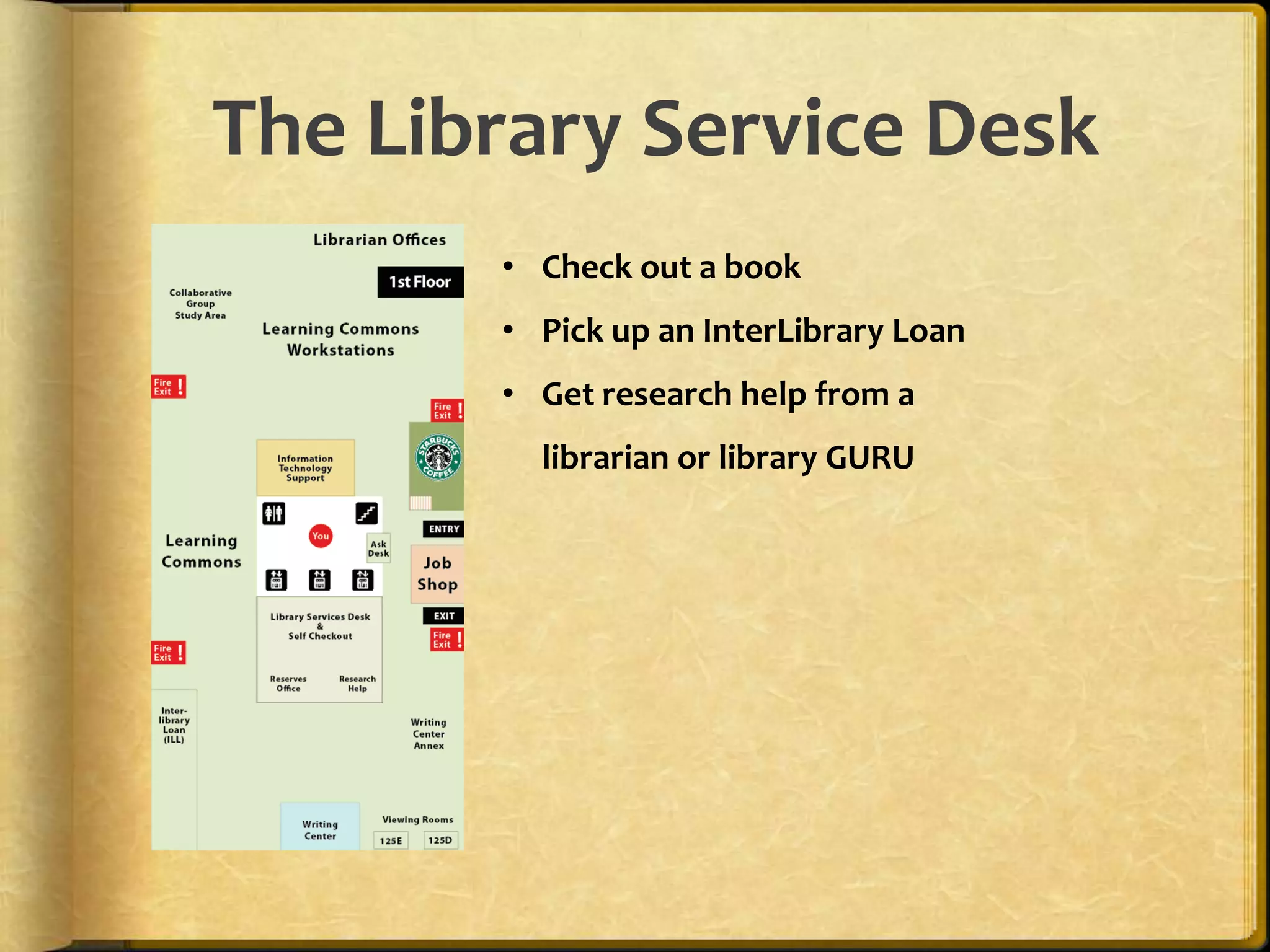 The Library Service Desk
• Check out a book
• Pick up an InterLibrary Loan
• Get research help from a
librarian or library GURU
 