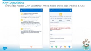Key Capabilities
Knowledge Articles GA in Salesforce1 hybrid mobile phone apps (Android & iOS)
 