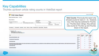 Key Capabilities
Thumbs up/down article rating counts in VoteStat report
Vote Counts: Previously this report only
showed counts for stars (1 - 5). However,
now, if the Org has switched to Thumbs
up / Thumbs down ratings, they will see
vote counts for Thumbs up and Thumbs
Down in this report.
 