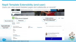 Users can view record detailed pages and collaborate on records*
Napili Template Extensibility (end-user)
Record headline
Record detail view Related list
Chatter publisher
(text/content post) and feed
for record collaboration
Record detail page
determined by the
page layout
*limited to accounts, contacts, custom objects and cases
 