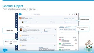 Contact Object
Find what reps need at a glance
Related Lists in wide
view
Twitter card
Composer in narrow
view
Highlight panel
 