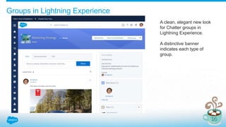 Groups in Lightning Experience
A clean, elegant new look
for Chatter groups in
Lightning Experience.
A distinctive banner
indicates each type of
group.
 