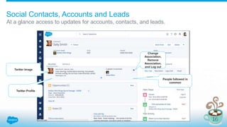 Social Contacts, Accounts and Leads
At a glance access to updates for accounts, contacts, and leads.
Twitter Profile
Twitter Image
People followed in
common
Change
Association,
Remove
Association,
and Log out
 