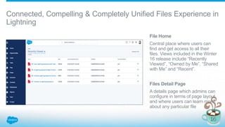 Connected, Compelling & Completely Unified Files Experience in
Lightning
File Home
Central place where users can
find and get access to all their
files. Views included in the Winter
16 release include “Recently
Viewed”, “Owned by Me”, “Shared
with Me” and “Recent”.
Files Detail Page
A details page which admins can
configure in terms of page layout
and where users can learn more
about any particular file
 