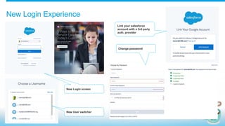 New Login Experience
New Login screen
New User switcher
Link your salesforce
account with a 3rd party
auth. provider
Change password
 