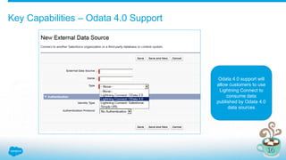 Key Capabilities – Odata 4.0 Support
Odata 4.0 support will
allow customers to use
Lightning Connect to
consume data
published by Odata 4.0
data sources
 