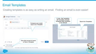 Email Templates
Creating templates is as easy as writing an email. Finding an email is even easier!
One-click access to Insert
or Save a Template
Compose your email,
save it as a Template
Search for Templates
3 Lists - My Templates,
All Templates, Sample
Templates (My Templates
is the default)
 