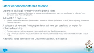 Other enhancements this release
Expanded coverage for Hoovers firmographic fields
• With expanded coverage on fields such as revenue and employee growth, users can prep for calls for millions of more
companies using Prospecting Insights.
Added SIC 8 digit code
• Enables identification of a line of operations for a business at the most specific level for more precise reporting; available for
Premium customers
A select set of Hoovers firmographic fields will now get persisted on import for
enhanced reporting
• Premium customers will have access to it automatically within the DandBCompany object
• Corp + Premium customers may customize their field mapping preferences to map a select set of attributes to the Account
Object
Additional fields accessible via Data.com Search API response
 