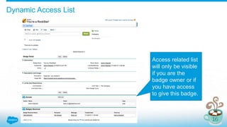 Dynamic Access List
Access related list
will only be visible
if you are the
badge owner or if
you have access
to give this badge.
 