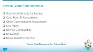Service Cloud Enhancements
 Salesforce Console for Service
 Case Feed Enhancements
 Other Case related enhancements
 Live Agent
 Service Communities
 Knowledge
 Social Customer Service
Service Cloud Enhancements – Release Notes
 