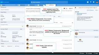 NEW! Sidebar Components: Background
updates to light grey so user focus is on
the record.
NEW! Footer: Font and icon
updates.
NEW! Sidebar Components: Font, header,
title, actions and icons consistency.
NEW! Updated icons! The
Console now uses Salesforce
Lightning icons.
 