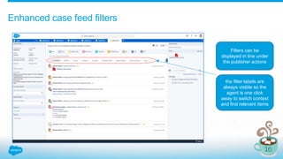 Enhanced case feed filters
Filters can be
displayed in line under
the publisher actions
the filter labels are
always visible so the
agent is one click
away to switch context
and find relevant items
 