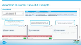 Example in Action
Configurations
Automatic Customer Time-Out Example
Setting Explanation Example
Enable Customer Time-Out Turn on the time-out for the button/invite
Customer Time-Out Warning When to warn before timing out At 120 seconds, display and warn the customer the chat will end if they don’t respond
Customer Time-Out When the chat will time-out and end At 180 seconds, end the chat
120 seconds after not getting a
message from the customer, the time-
out warning appears
Customer gets a countdown timer that
pulsates and the window title changes
Chat ends and customer is presented
with a message that it timed out
 