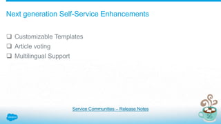 Next generation Self-Service Enhancements
 Customizable Templates
 Article voting
 Multilingual Support
Service Communities – Release Notes
 