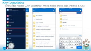 Key Capabilities
Knowledge Articles GA in Salesforce1 hybrid mobile phone apps (Android & iOS)
 