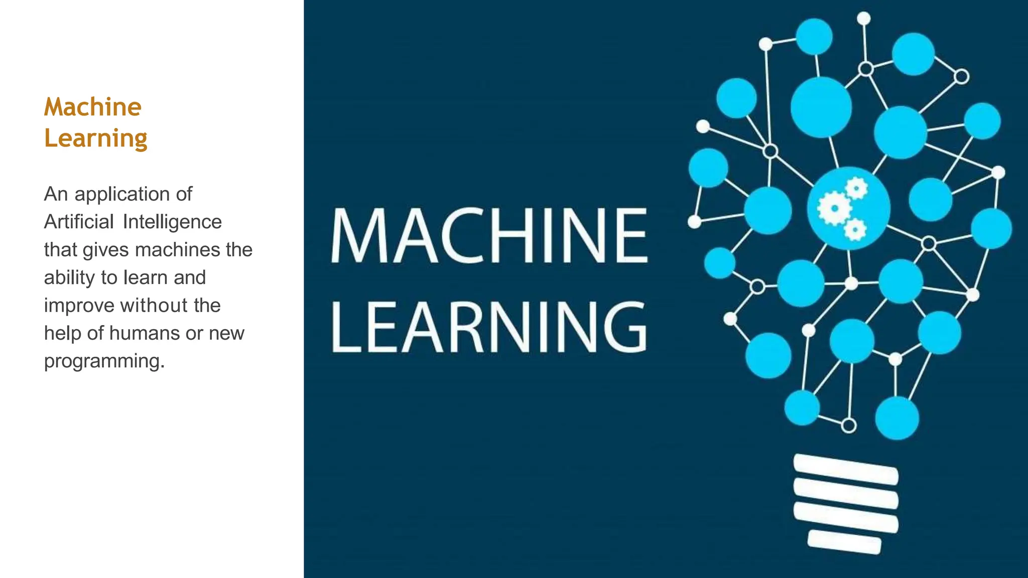Machine
Learning
An application of
Artificial Intelligence
that gives machines the
ability to learn and
improve without the
help of humans or new
programming.
 