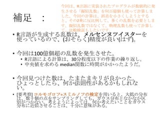 補足 :

今回は、R言語に実装されたプログラムが数値的に発
生させる「擬似乱数」を何百億個も使って計算しま
した。今回の計算は、誤差を小さくしようとする
と、その2乗に反比例して、多くの乱数を必要としま
す。擬似乱数ではなくて、物理乱数も使って計算し
て、比較検証もしたいです。

• R言語が生成する乱数は、メルセンヌツイスターを
使っているので、(おそらく)精度が良い(はず)。

• 今回は100億個超の乱数を発生させた。

• R言語による計算は、30分程度以下の作業の繰り返し。
• 中央値を求める median関数に時間がかかったようだ。

• 今回見つけた数は、たまたまキリが良かった。
ひょっとしたら、何か法則性があるかもしれな
い。
• [要考察] コルモゴロフ=スミルノフの検定を用いると、大抵の分布
は、数十個の点をサンプリングしても、ガウス分布となかなか区
別がつかない。考えようによっては、何か考えたいことをガウス
分布に近似させることは、十分に意味がある。

 