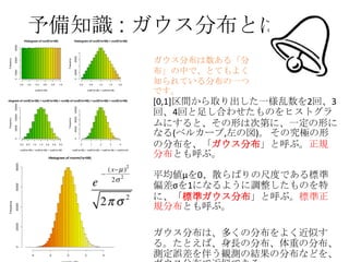 予備知識 : ガウス分布とは
Histogram of runif(1e+06) + runif(1e+06)

60000
20000

Frequency

30000

0

0

10000

Frequency

50000

Histogram of runif(1e+06)

0.0

0.2

0.4

0.6

0.8

1.0

0.0

0.5

runif(1e+06)

1.0

1.5

2.0

runif(1e+06) + runif(1e+06)

120000
80000

Frequency

0

40000

100000
50000
0

Frequency

150000

Histogram of runif(1e+06) + runif(1e+06) + runif(1e+06)
Histogram of runif(1e+06) + runif(1e+06) + runif(1e+06) + runif(1e+06)

0.0

0.5

1.0

1.5

2.0

2.5

3.0

0

runif(1e+06) + runif(1e+06) + runif(1e+06)

1

2

3

4

runif(1e+06) + runif(1e+06) + runif(1e+06) + runif(1e+06)

80000

Histogram of rnorm(1e+06)

[0,1]区間から取り出した一様乱数を2回、3
回、4回と足し合わせたものをヒストグラ
ムにすると、その形は次第に、一定の形に
なる(ベルカーブ,左の図)。 その究極の形
の分布を、「ガウス分布」と呼ぶ。正規
分布とも呼ぶ。

2p s 2

4

ガウス分布は、多くの分布をよく近似す
る。たとえば、身長の分布、体重の分布、
測定誤差を伴う観測の結果の分布などを、

20000

40000

60000

e

平均値μを0、散らばりの尺度である標準
偏差σを1になるように調整したものを特
に、「標準ガウス分布」と呼ぶ。標準正
規分布とも呼ぶ。

0

Frequency

( x- m )2
2s 2

ガウス分布は数ある「分
布」の中で、とてもよく
知られている分布の一つ
です。

-4

-2

0

2

 