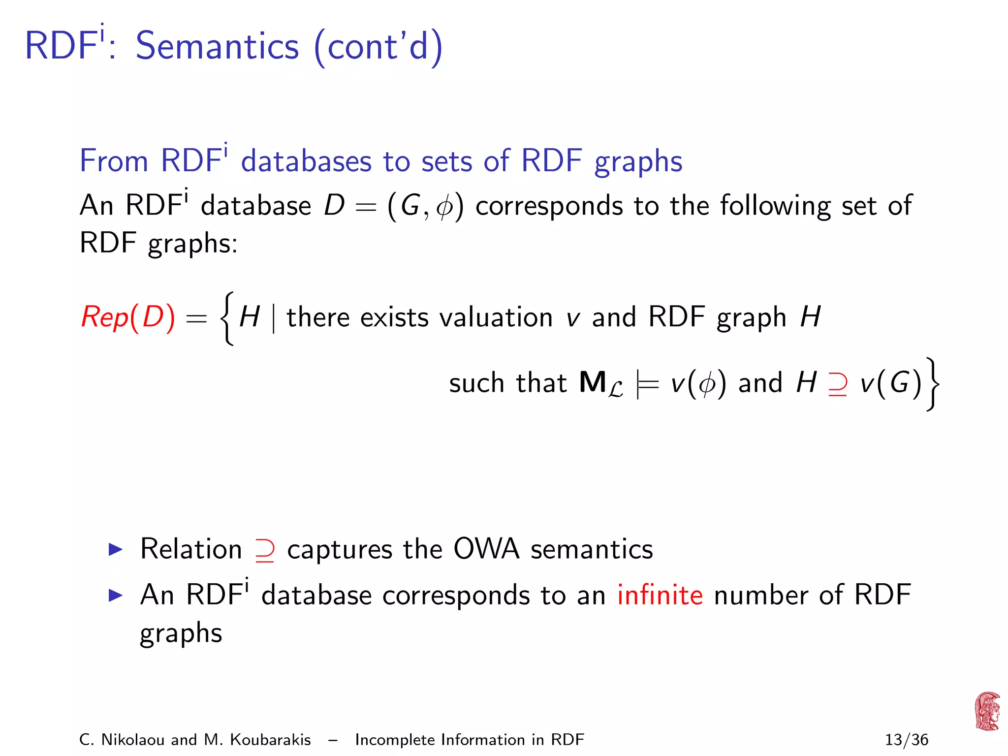 RDFi : Semantics (cont’d)
From RDFi databases to sets of RDF graphs
An RDFi database D = (G , φ) corresponds to the following set of
RDF graphs:
Rep(D) = H | there exists valuation v and RDF graph H
such that ML |= v (φ) and H ⊇ v (G )

Relation ⊇ captures the OWA semantics

An RDFi database corresponds to an inﬁnite number of RDF
graphs

C. Nikolaou and M. Koubarakis

–

Incomplete Information in RDF

13/36

 
