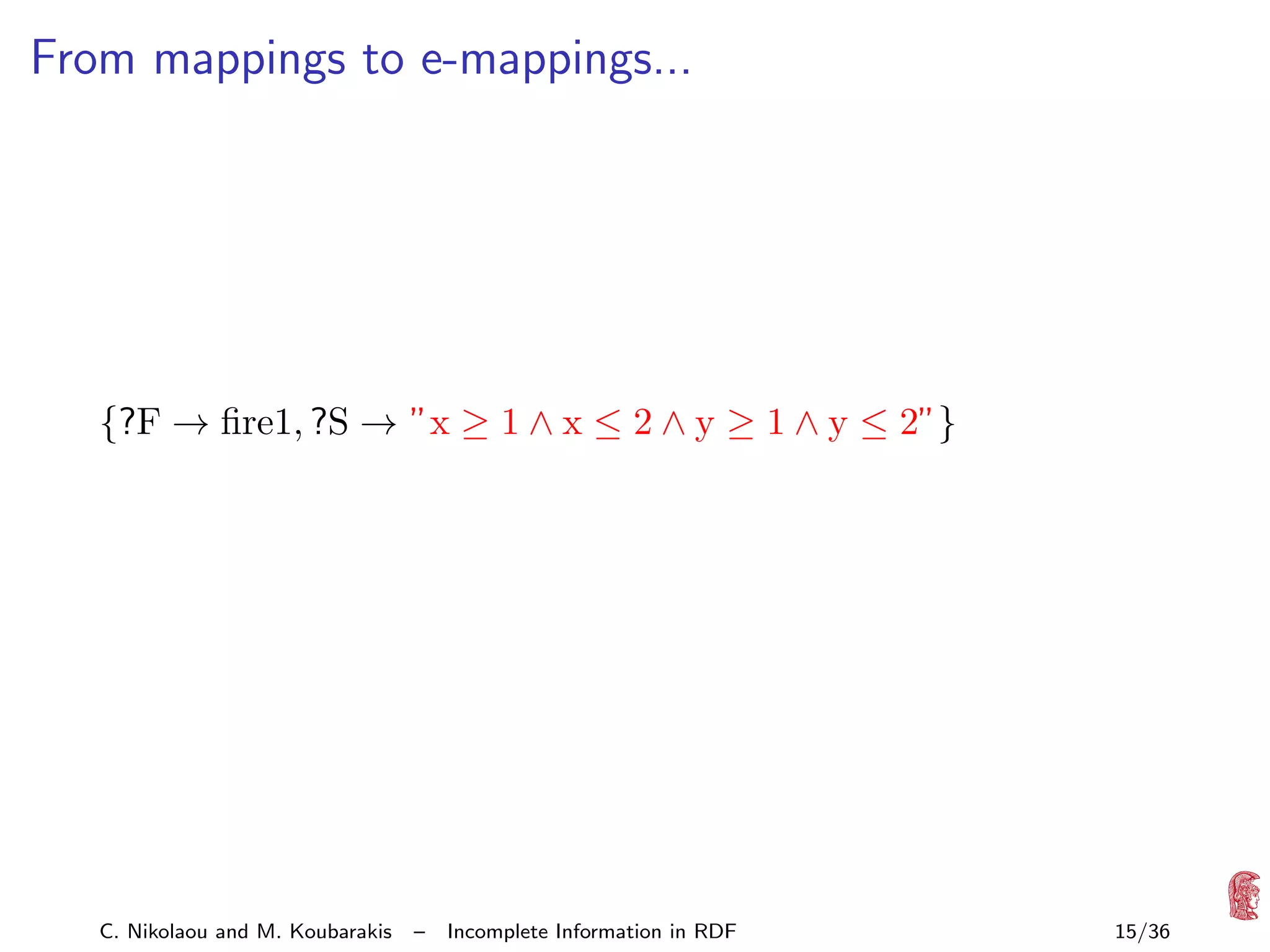 From mappings to e-mappings...

{?F → ﬁre1, ?S → ”x ≥ 1 ∧ x ≤ 2 ∧ y ≥ 1 ∧ y ≤ 2”}

C. Nikolaou and M. Koubarakis

–

Incomplete Information in RDF

15/36

 