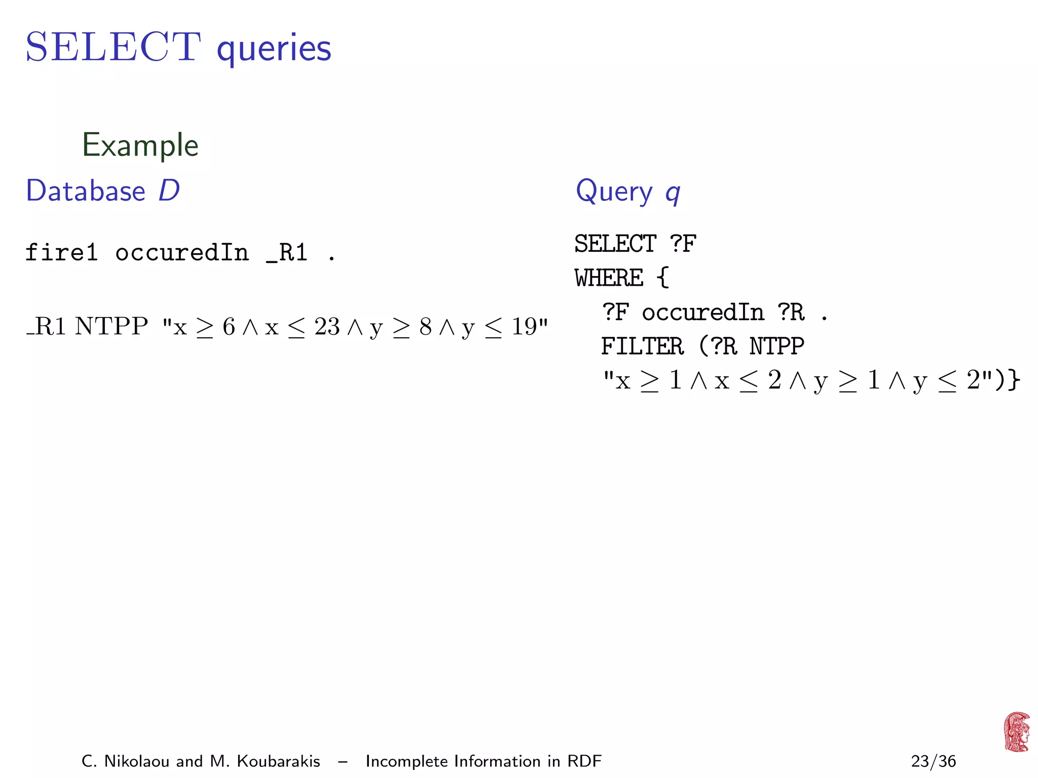 SELECT queries
Example
Database D

Query q

SELECT ?F
WHERE {
?F occuredIn ?R .
R1 NTPP "x ≥ 6 ∧ x ≤ 23 ∧ y ≥ 8 ∧ y ≤ 19"
FILTER (?R NTPP
"x ≥ 1 ∧ x ≤ 2 ∧ y ≥ 1 ∧ y ≤ 2")}

fire1 occuredIn _R1 .

C. Nikolaou and M. Koubarakis

–

Incomplete Information in RDF

23/36

 