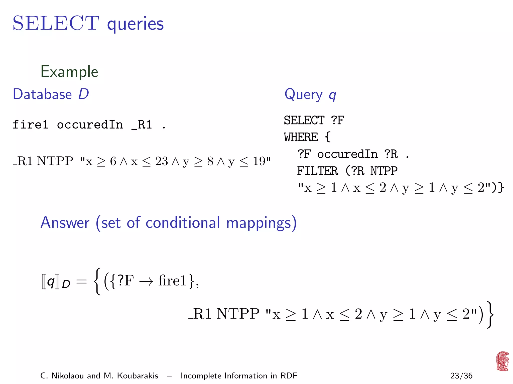 SELECT queries
Example
Database D

Query q

SELECT ?F
WHERE {
?F occuredIn ?R .
R1 NTPP "x ≥ 6 ∧ x ≤ 23 ∧ y ≥ 8 ∧ y ≤ 19"
FILTER (?R NTPP
"x ≥ 1 ∧ x ≤ 2 ∧ y ≥ 1 ∧ y ≤ 2")}

fire1 occuredIn _R1 .

Answer (set of conditional mappings)

q

D

=

{?F → ﬁre1},
R1 NTPP "x ≥ 1 ∧ x ≤ 2 ∧ y ≥ 1 ∧ y ≤ 2"

C. Nikolaou and M. Koubarakis

–

Incomplete Information in RDF

23/36

 