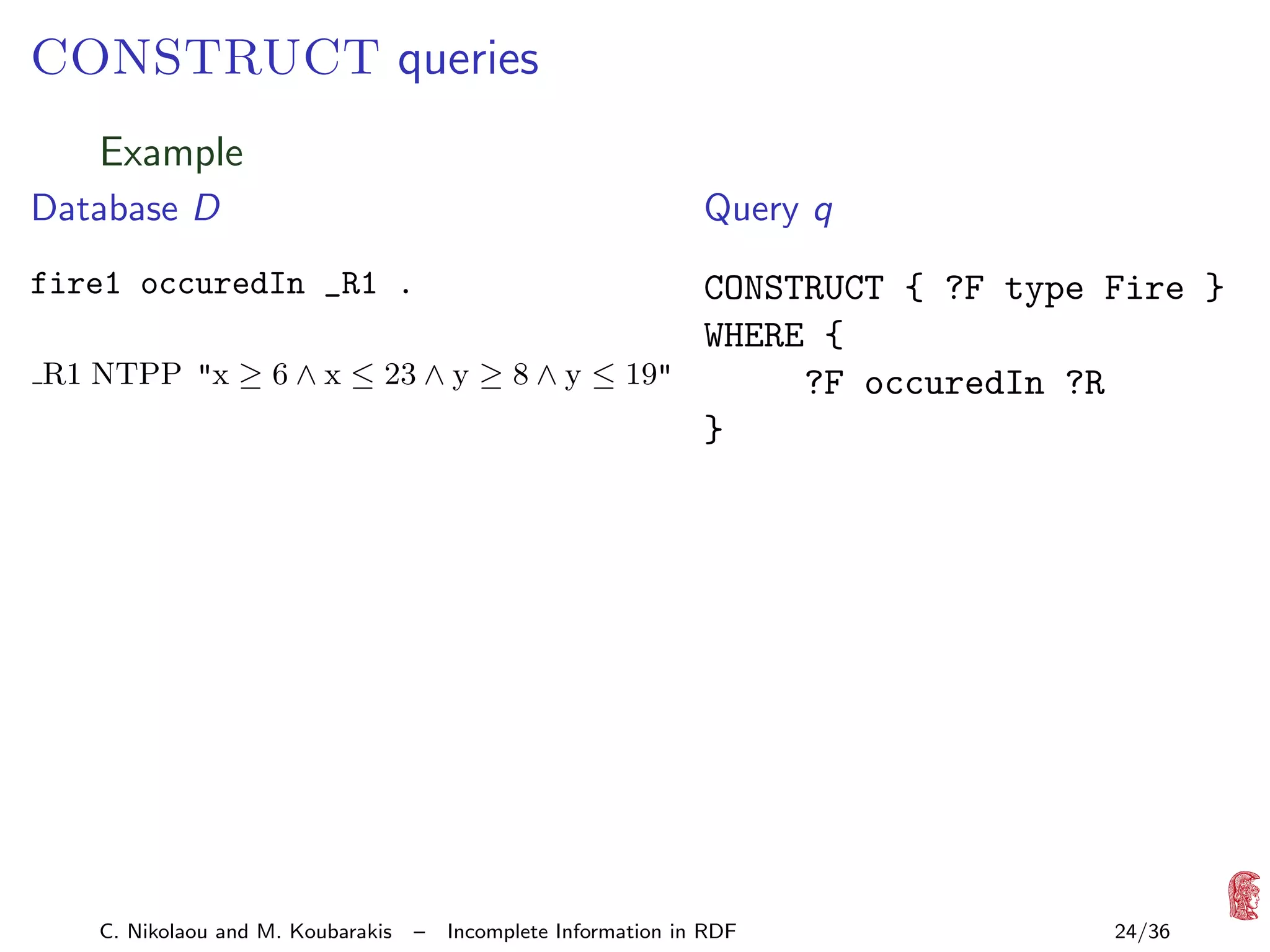 CONSTRUCT queries
Example
Database D

Query q

fire1 occuredIn _R1 .

CONSTRUCT { ?F type Fire }
WHERE {
R1 NTPP "x ≥ 6 ∧ x ≤ 23 ∧ y ≥ 8 ∧ y ≤ 19"
?F occuredIn ?R
}

C. Nikolaou and M. Koubarakis

–

Incomplete Information in RDF

24/36

 