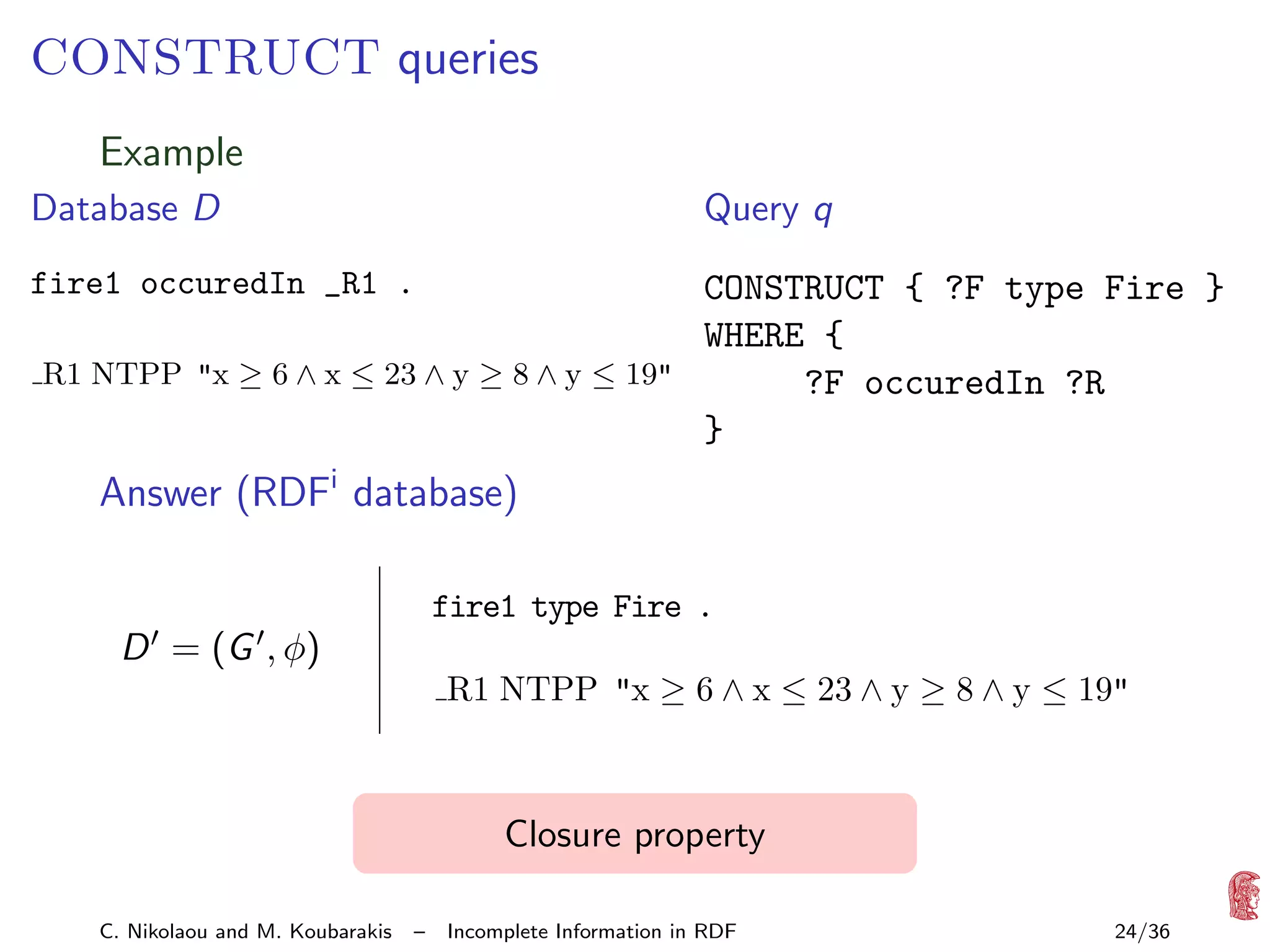 CONSTRUCT queries
Example
Database D

Query q

fire1 occuredIn _R1 .

CONSTRUCT { ?F type Fire }
WHERE {
R1 NTPP "x ≥ 6 ∧ x ≤ 23 ∧ y ≥ 8 ∧ y ≤ 19"
?F occuredIn ?R
}

Answer (RDFi database)
fire1 type Fire .

D = (G , φ)
R1 NTPP "x ≥ 6 ∧ x ≤ 23 ∧ y ≥ 8 ∧ y ≤ 19"

Closure property
C. Nikolaou and M. Koubarakis

–

Incomplete Information in RDF

24/36

 