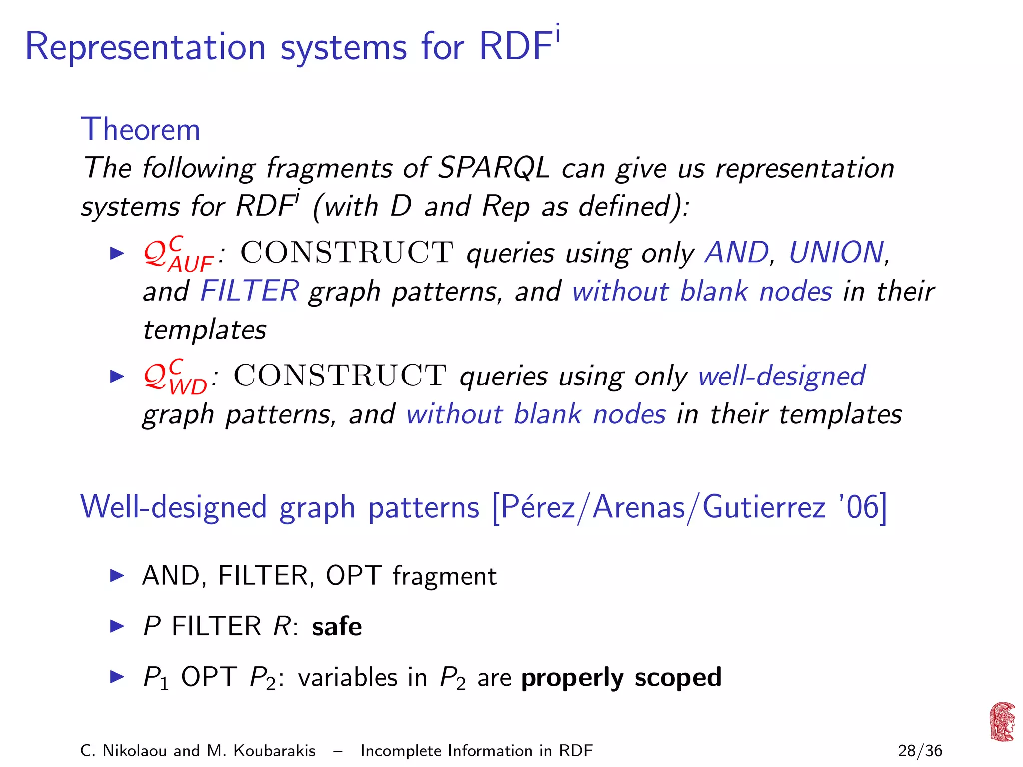 Representation systems for RDFi
Theorem
The following fragments of SPARQL can give us representation
systems for RDFi (with D and Rep as deﬁned):
QC : CONSTRUCT queries using only AND, UNION,
AUF
and FILTER graph patterns, and without blank nodes in their
templates
QC : CONSTRUCT queries using only well-designed
WD
graph patterns, and without blank nodes in their templates

Well-designed graph patterns [P´rez/Arenas/Gutierrez ’06]
e
AND, FILTER, OPT fragment
P FILTER R: safe
P1 OPT P2 : variables in P2 are properly scoped
C. Nikolaou and M. Koubarakis

–

Incomplete Information in RDF

28/36

 
