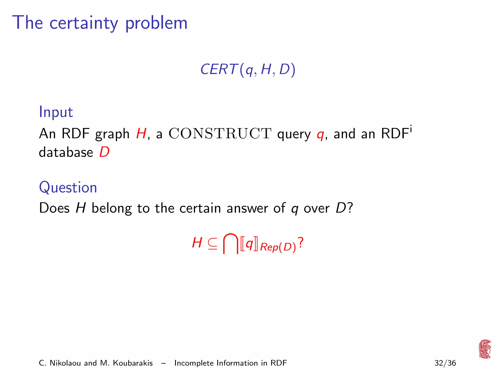 The certainty problem
CERT (q, H, D)

Input
An RDF graph H, a CONSTRUCT query q, and an RDFi
database D

Question
Does H belong to the certain answer of q over D?
H⊆

C. Nikolaou and M. Koubarakis

–

q

Rep(D) ?

Incomplete Information in RDF

32/36

 