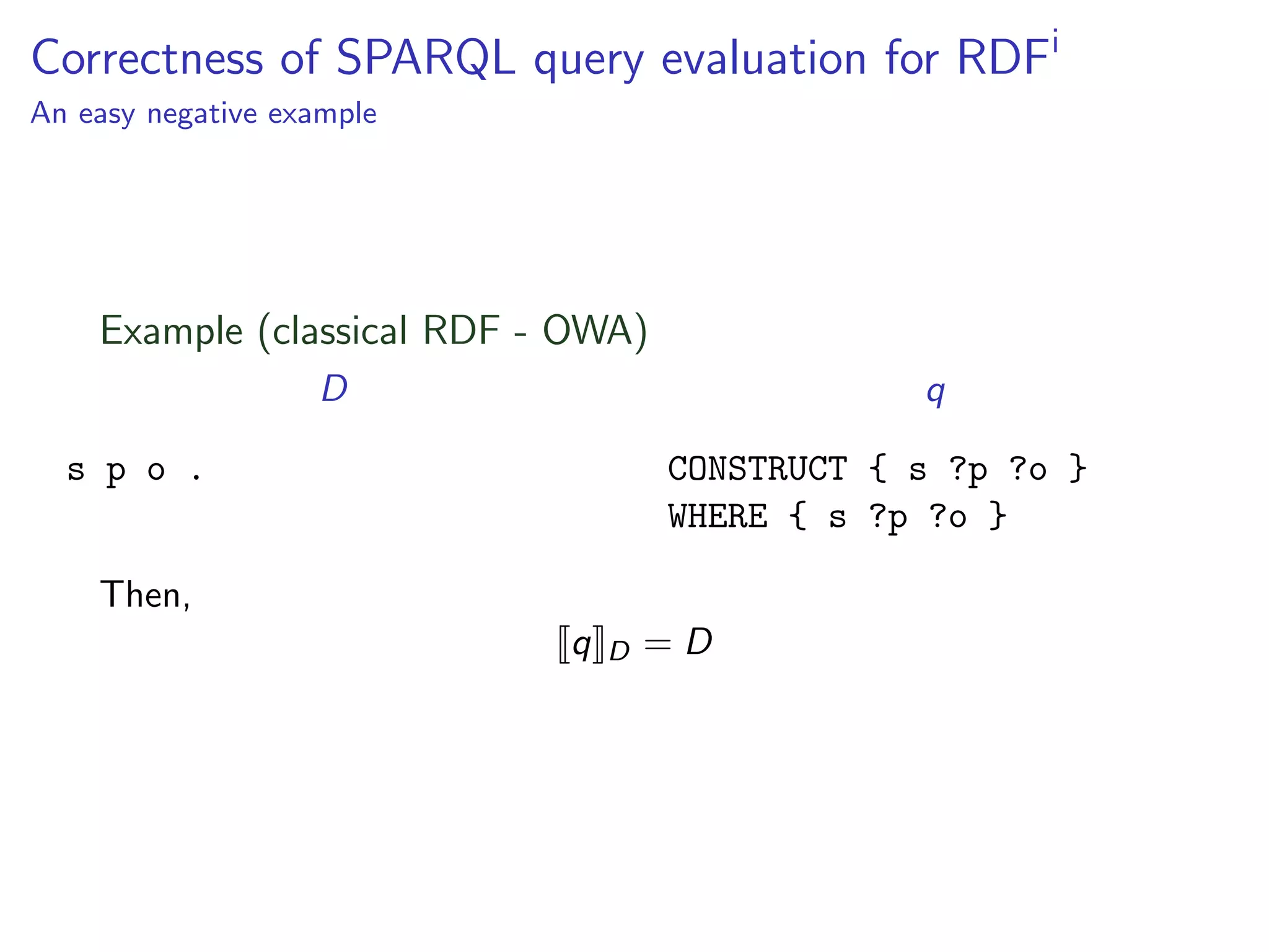 Correctness of SPARQL query evaluation for RDFi
An easy negative example

Example (classical RDF - OWA)
D

q

s p o .

CONSTRUCT { s ?p ?o }
WHERE { s ?p ?o }

Then,
q

D

=D

 