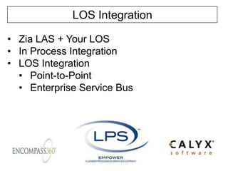 LOS Integration
• Zia LAS + Your LOS
• In Process Integration
• LOS Integration
• Point-to-Point
• Enterprise Service Bus

 