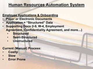Human Resources Automation System
Employee Applications & Onboarding
• Paper or Electronic Documents
• Application = “Structured” Data
• Supporting Docs (I-9, W-4, Employment
Agreement, Confidentiality Agreement, and more…)
•
Structured
•
Semi-Structured
•
Unstructured
Current (Manual) Process:
•
Costly
•
Slow
•
Error Prone

 