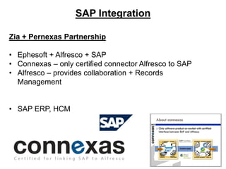 SAP Integration
Zia + Pernexas Partnership
• Ephesoft + Alfresco + SAP
• Connexas – only certified connector Alfresco to SAP
• Alfresco – provides collaboration + Records
Management
• SAP ERP, HCM

 