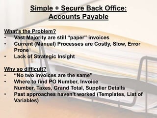 Simple + Secure Back Office:
Accounts Payable
What’s the Problem?
•
Vast Majority are still “paper” invoices
•
Current (Manual) Processes are Costly, Slow, Error
Prone
•
Lack of Strategic Insight
Why so difficult?
•
“No two invoices are the same”
•
Where to find PO Number, Invoice
Number, Taxes, Grand Total, Supplier Details
•
Past approaches haven’t worked (Templates, List of
Variables)

 