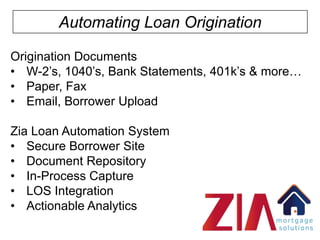 Automating Loan Origination
Origination Documents
• W-2’s, 1040’s, Bank Statements, 401k’s & more…
• Paper, Fax
• Email, Borrower Upload
Zia Loan Automation System
• Secure Borrower Site
• Document Repository
• In-Process Capture
• LOS Integration
• Actionable Analytics

 