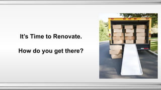 It’s Time to Renovate.
How do you get there?
 
