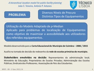 MPOT – RR– 1º Sem. 2013/14
A hierarchical location model for public facility planning
João C. Teixeira, António P. Antunes
4
Modelodesenvolvido para a Carta Educacionaldo Município de Coimbra – 2006 / 2015
Auxiliona tomada de decisão do redesenho da rede de escolas primárias do município.
Stakeholders envolvidos na decisão: Representantes da administração local;
Ministério da Educação; Proprietários de Escolas Privadas; Administração das Escolas
Públicas;Sindicatodos Professores; Associações de Pais dos Estudantes.
PROBLEMA
Diversos Níveis de Procura
Distintos Tipos de Equipamentos
Utilização do Modelo Adaptado de p-Median
Aplicado para problemas de localização de Equipamentos
como objetivo de maximizar a acessibilidade aos utilizadores
dos referidos equipamentos.
 