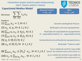 MPOT – RR– 1º Sem. 2013/14
A hierarchical location model for public facility planning
João C. Teixeira, António P. Antunes
6
Capacitated Median Model
𝑖∈𝐼 𝑗∈𝐽
𝑐𝑖𝑗 𝑥𝑖𝑗Minimizar
Sujeito a:
(1) 𝑗∈𝐽 𝑥𝑖𝑗 = 1, ∀𝑖 ∈ 𝐼
(2) 𝑥𝑖𝑗 ≤ 𝑦𝑖,∀𝑖 ∈ 𝐼, 𝑗 ∈ 𝐽
(6) 𝑖∈𝐼 𝑢𝑖 𝑥𝑖𝑗 ≥ 𝑏𝑗 𝑦𝑗, ∀𝑗 ∈ 𝐽
(5) 𝑦𝑗 ∈ 0,1 ,∀𝑗 ∈ 𝐽
(7) 𝑖∈𝐼 𝑢𝑖 𝑥𝑖𝑗 ≤ 𝐵𝑗 𝑦𝑗, ∀𝑗 ∈ 𝐽
(8) 𝑥𝑖𝑗 ∈ 0,1 , ∀𝑖 ∈ 𝐼, 𝑗 ∈ 𝐽
(9) 𝑘∈𝑃 𝑖𝑗
𝑥 𝑘𝑗 ≥ 𝑃𝑖𝑗 ∙ 𝑥𝑖𝑗 ,∀𝑖 ∈ 𝐼, 𝑗 ∈ 𝐽
(10) 𝑥𝑖𝑗 ≤ 𝑘∈𝐴𝑖𝑗
𝑥 𝑘𝑗 , ∀𝑖 ∈ 𝐼, 𝑗 ∈ 𝐽
Garantir satisfaçãoda Procura
Atribuição a site com equipamento
Restrições de capacidadedo equipamento:
B – capacidademáxima / b – capacidademínima
Atribuição “Tudoou nada”
Variávelbináriade atribuiçãode equipamentoa j
Pij é o subset de centros k que estão
“perto” do caminhomais curto entre i e j
Aij é o subset de centros k que estão no
caminho mais curto entre i e j
Demand Centers
I = {1,…,n}
Sites
J = {1,…,m}
 