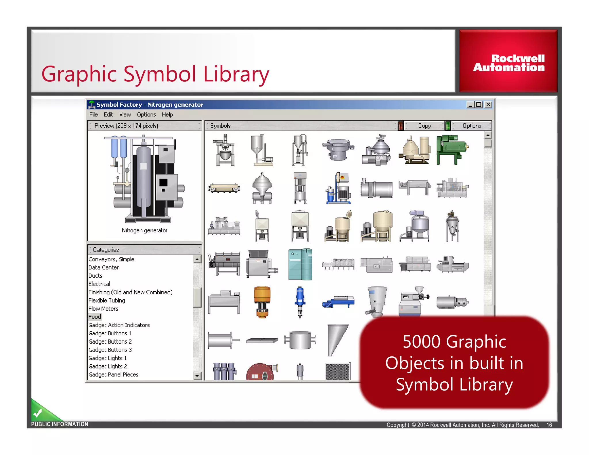 Copyright © 2014 Rockwell Automation, Inc. All Rights Reserved.PUBLIC INFORMATION
Graphic Symbol Library
16
5000 Graphic
Objects in built in
Symbol Library
5000 Graphic
Objects in built in
Symbol Library
 